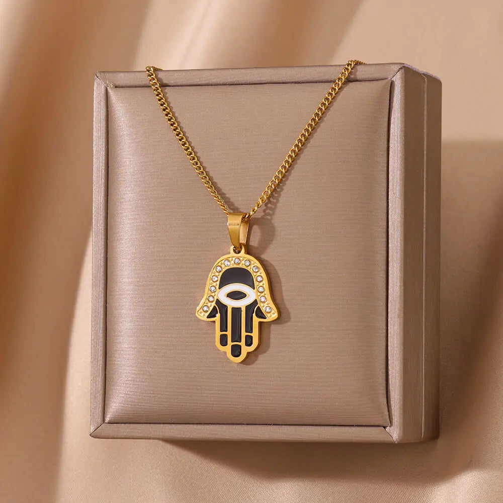 Fatima Hand Pendant Necklace For Women Bling Zircon Evil of Eye Necklaces Lucky Turkish Aesthetic Amulet Couple Jewelry collar Lesperlesdophelia
