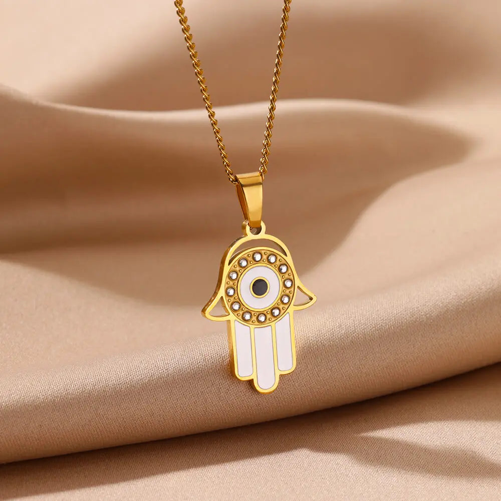 Fatima Hand Pendant Necklace For Women Bling Zircon Evil of Eye Necklaces Lucky Turkish Aesthetic Amulet Couple Jewelry collar Lesperlesdophelia