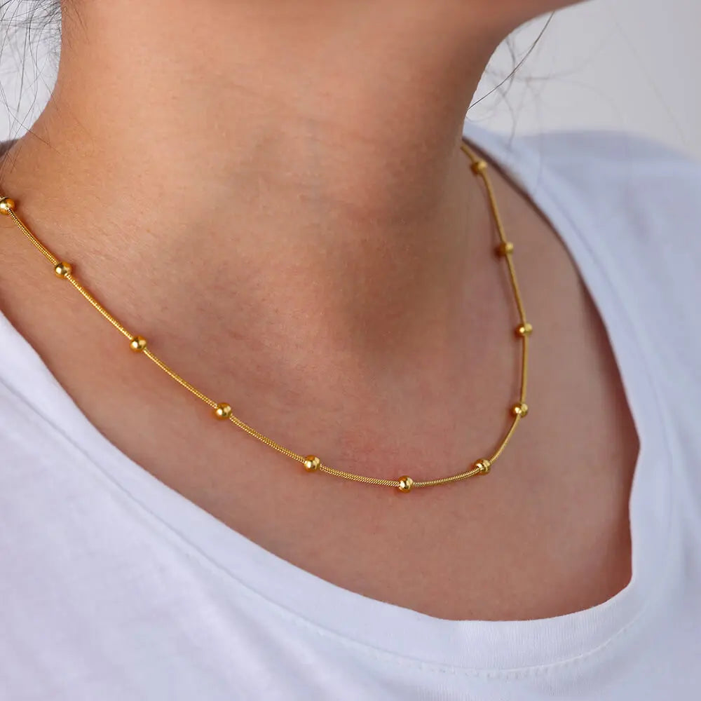 Beads Chains Necklaces for Women Gold Color Beaded Round Snake Necklace Waterproof Stainless Steel Jewelry Aesthetic Accessories Lesperlesdophelia