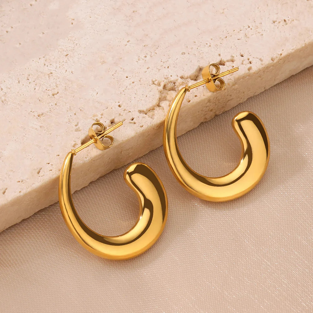 Gold Color Round Stud Earrings for Women Stainless Steel Earrings 2024 Trend Aesthetic Arc Piercing Ear Jewelry Freeshipping Lesperlesdophelia