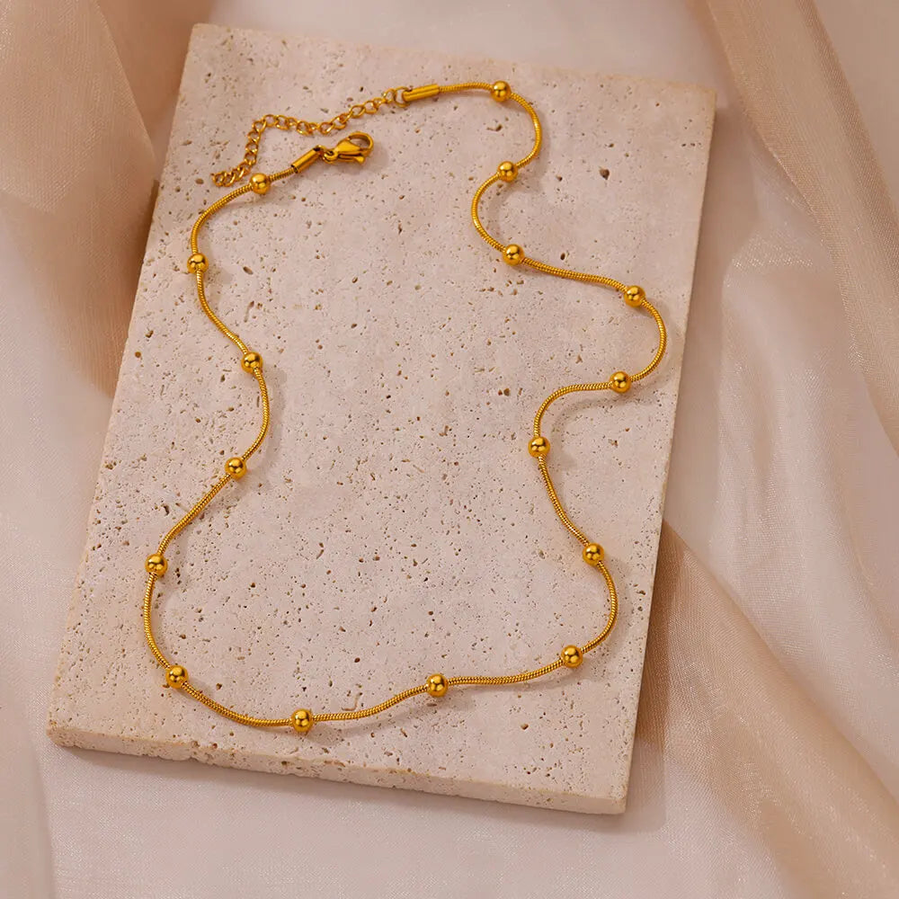 Beads Chains Necklaces for Women Gold Color Beaded Round Snake Necklace Waterproof Stainless Steel Jewelry Aesthetic Accessories Lesperlesdophelia