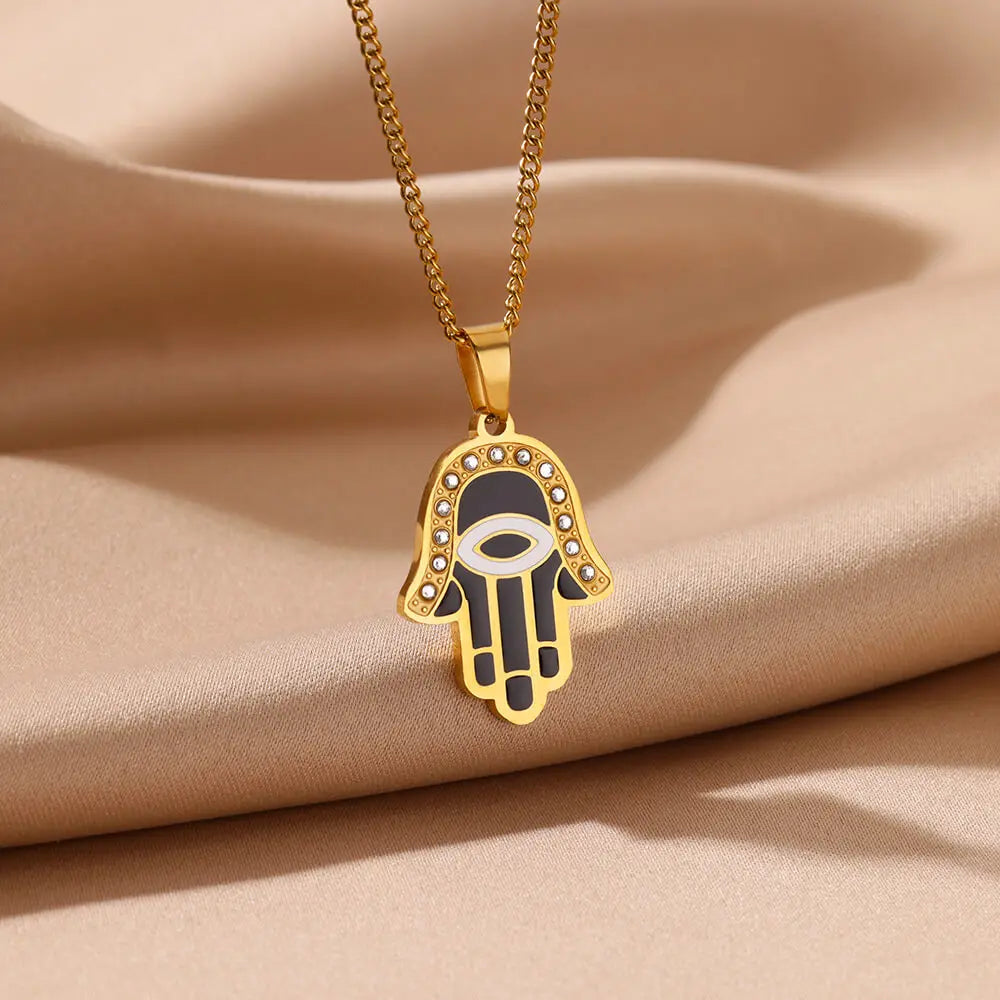 Fatima Hand Pendant Necklace For Women Bling Zircon Evil of Eye Necklaces Lucky Turkish Aesthetic Amulet Couple Jewelry collar Lesperlesdophelia